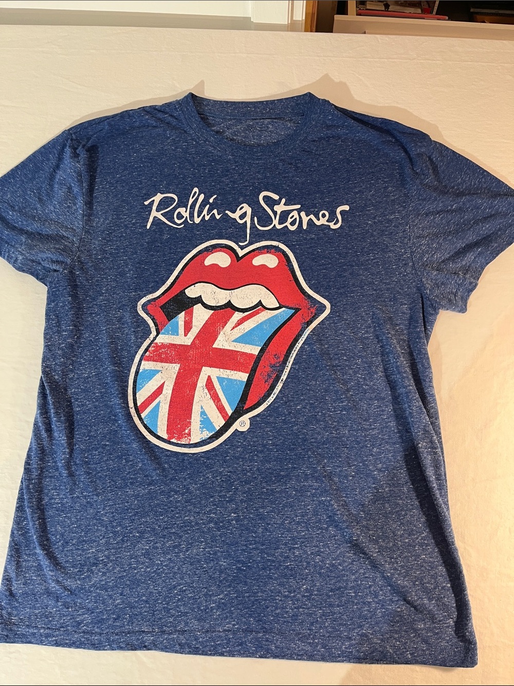 the Rolling Stones Blue Tee with Union Jack Tongue